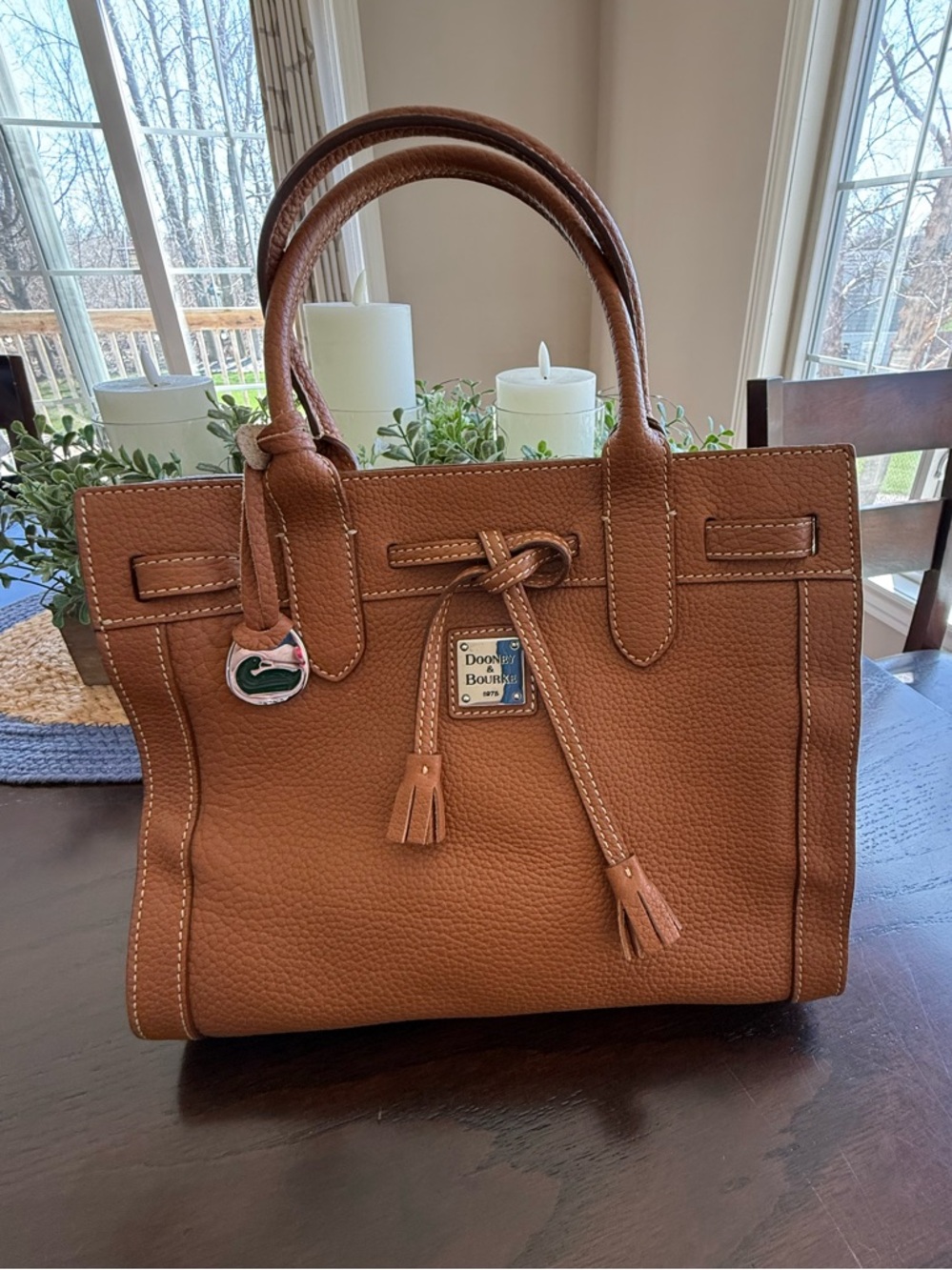 Vintage Dooney & Bourke Tan Pebble Leather Medium Tassel Tote